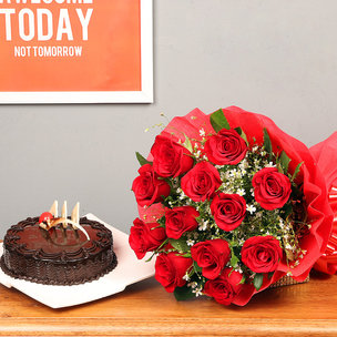 Roses N Cake Combo - Bunch of 12 Red Roses and Chocolate Cake